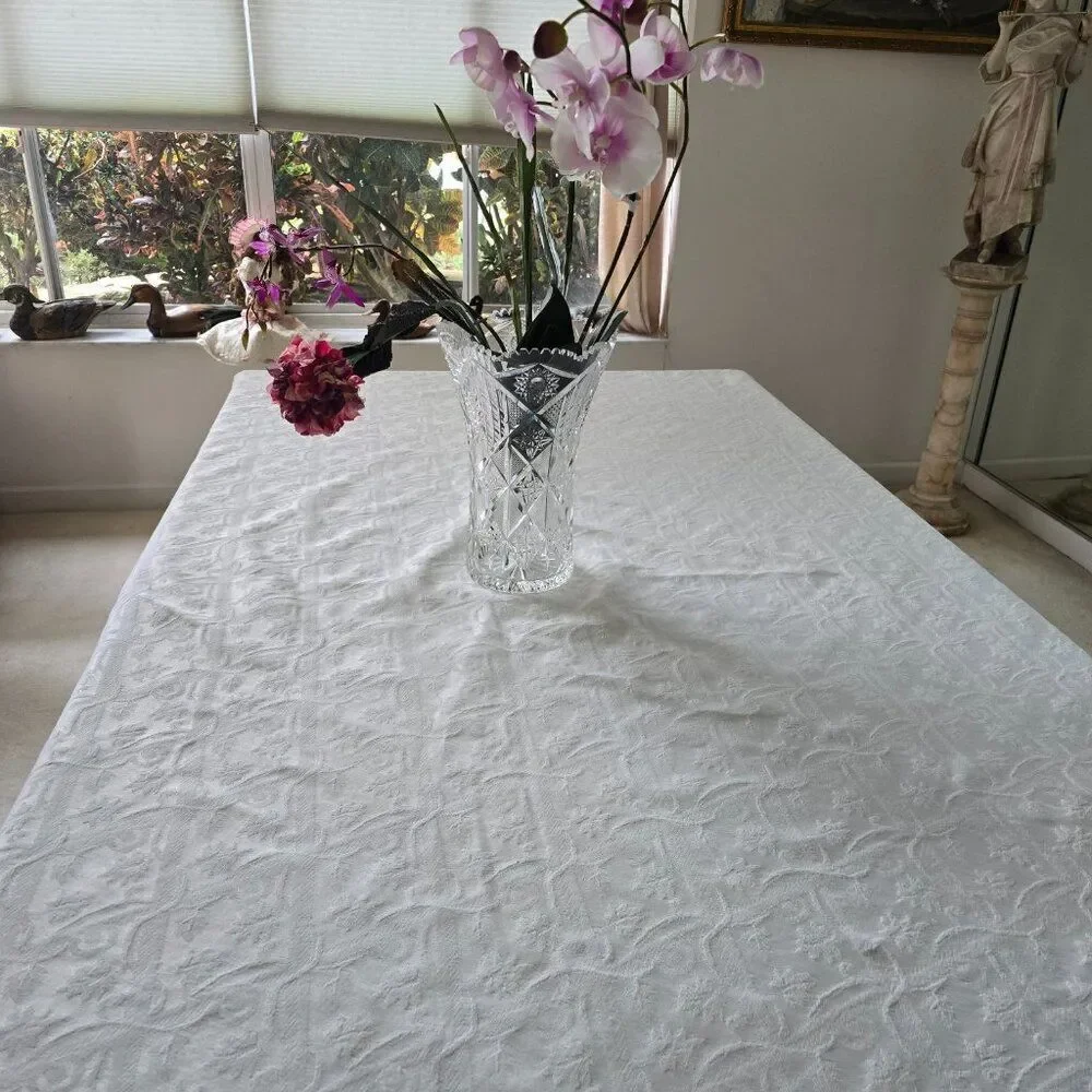 Vintage Handmade Tablecloth Textured Fabric Beige Rounded Oblong 89” x 68”
